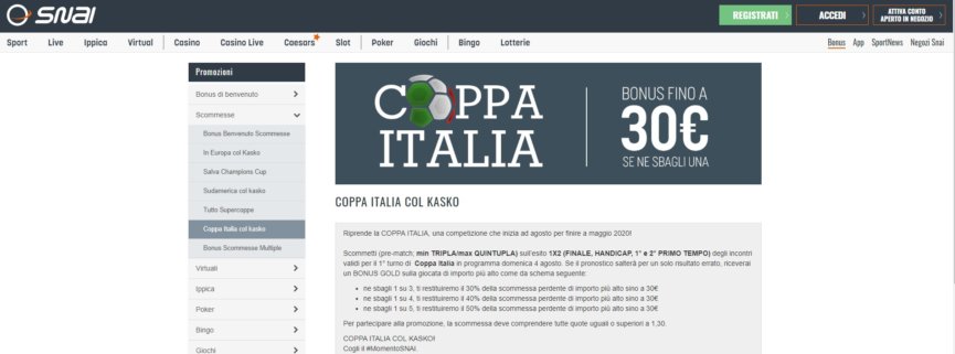 SNAI offre un bonus fino a 30€ per la Coppa Italia