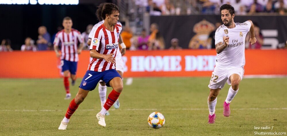East Rutherford NJ July 26 2019 Joao Felix 7 of Atletico Madrid controls ball game against Real Madrid as part of ICC tournament at Metlife stadium Atletico won 7 3 BANNER