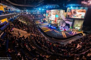 MOSCOW RUSSIA OCTOBER 2018 Counter Strike Global Offensive esports event. Main stage venue and tribunes full of visitors and fans. View from the top
