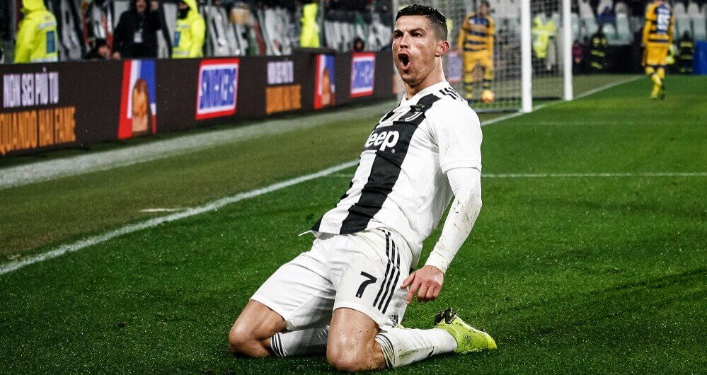 Turin Italy. 02 February 2019. Campionato Italiano di SerieA Juventus vs Parma 3 3. Cristiano Ronaldo Juventus celebrating the goal. BANNER