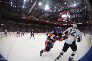 UNIONDALE, NEW YORK, UNITED STATES – May 5, 2013 NHL Hockey Fish-eye view. Jarome Iginla (Pittsburgh Penguins) and Brian Strait (New York Islanders)