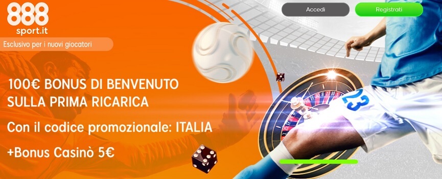888Sport Bonus Scommesse 100 € e Casino 5€ codice ITALIA