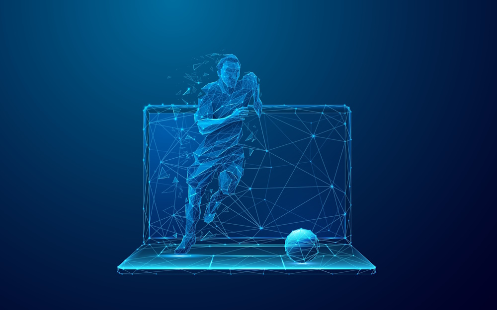 Abstract,Soccer,Player,Runs,Out,Of,The,Laptop,Screen.,Cyber