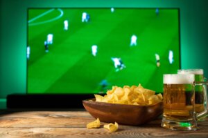 Beer,And,Snacks,Set,On,Football,Match,Tv,Background