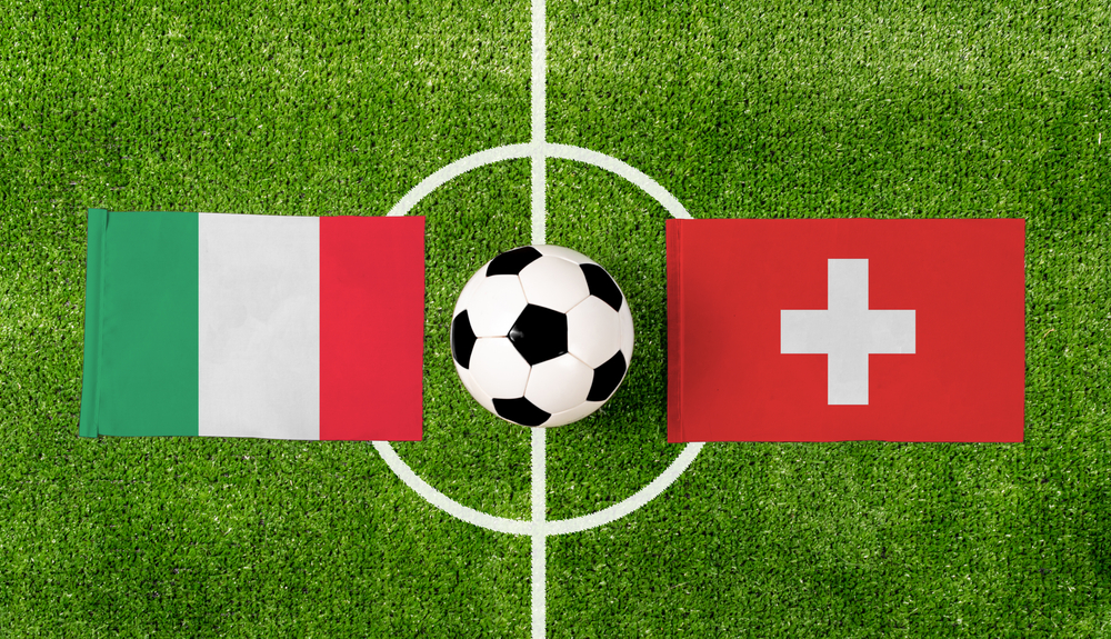 Top,View,Ball,With,Italy,Vs.,Switzerland,Flags,Match,On